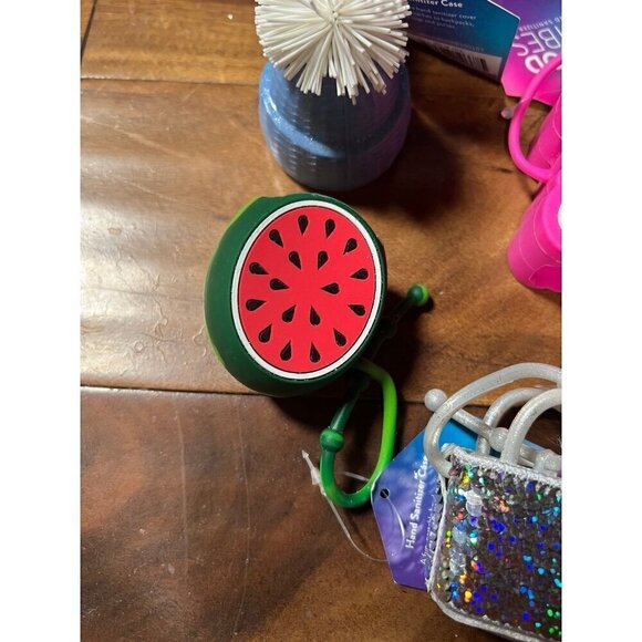 Lot of 6 hand sanitizer cases.  Good vibes, hat, bag, donut, melon - Picture 5 of 6